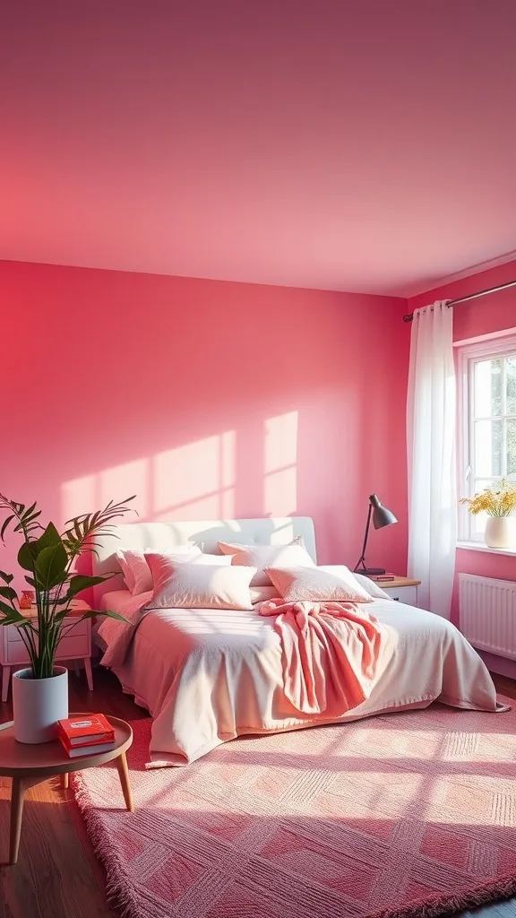 Cozy pink bedroom with soft lighting and a minimalist design.