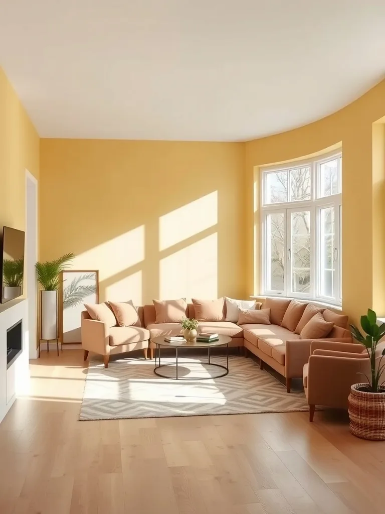 Bright yellow living room with comfortable seating and natural light