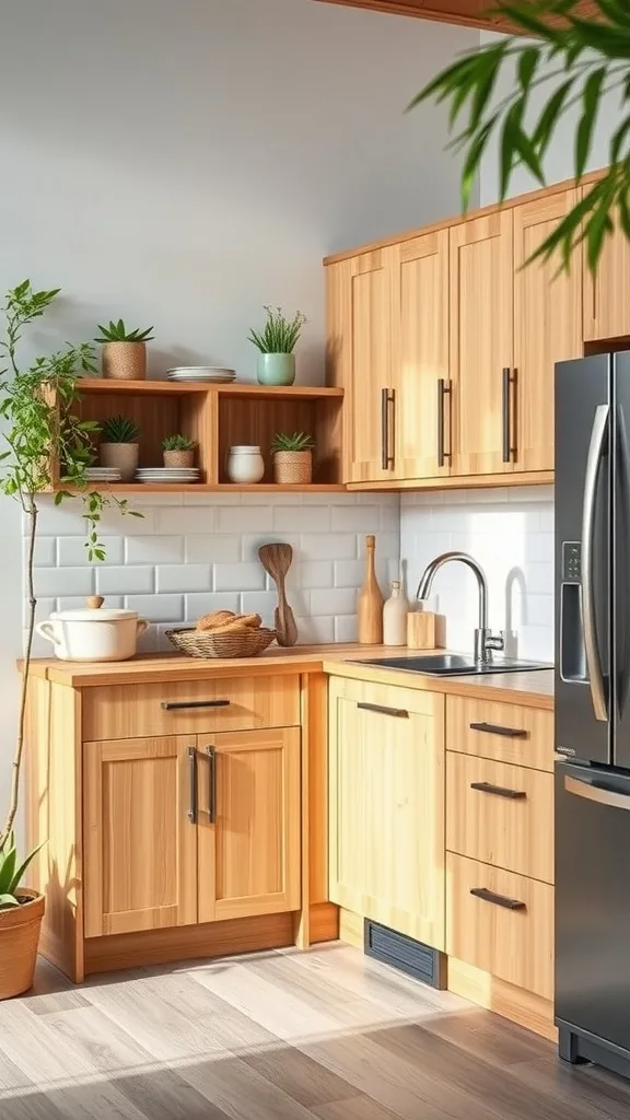 A kitchen corner featuring sustainable bamboo cabinets with plants and minimalist decor.