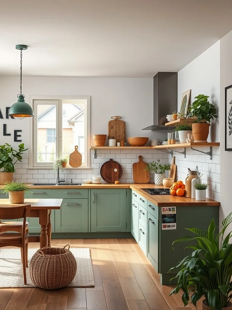 A cozy and eclectic kitchen featuring green cabinets, wooden elements, indoor plants, and a woven basket.