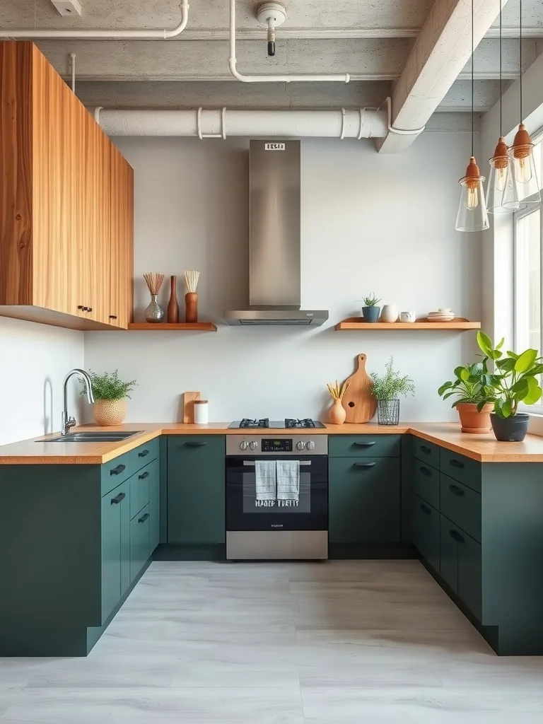 A modern boho kitchen featuring sustainable materials with green cabinetry and wooden accents.