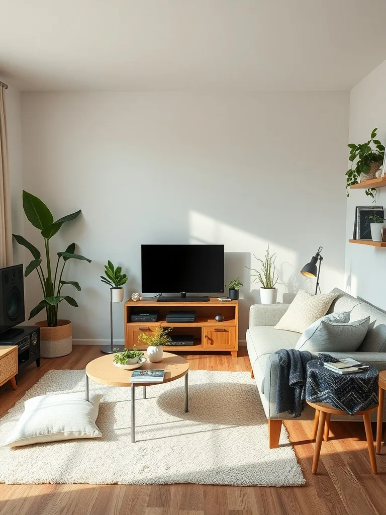 A bright and modern living room featuring plants, a cozy couch, and smart technology.