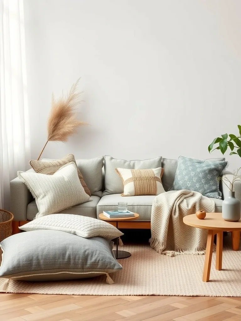 A cozy living room with a light gray sofa adorned with various textured pillows and a soft throw blanket, complemented by a wooden coffee table and a plant.