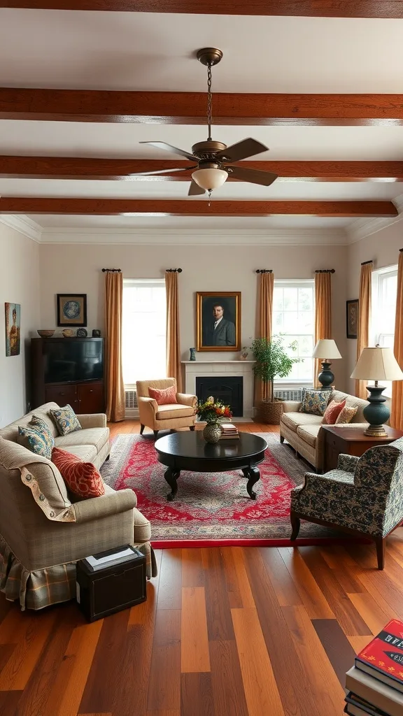 A colonial living room with symmetrical furniture arrangement, featuring two sofas, a coffee table, and warm wooden accents.