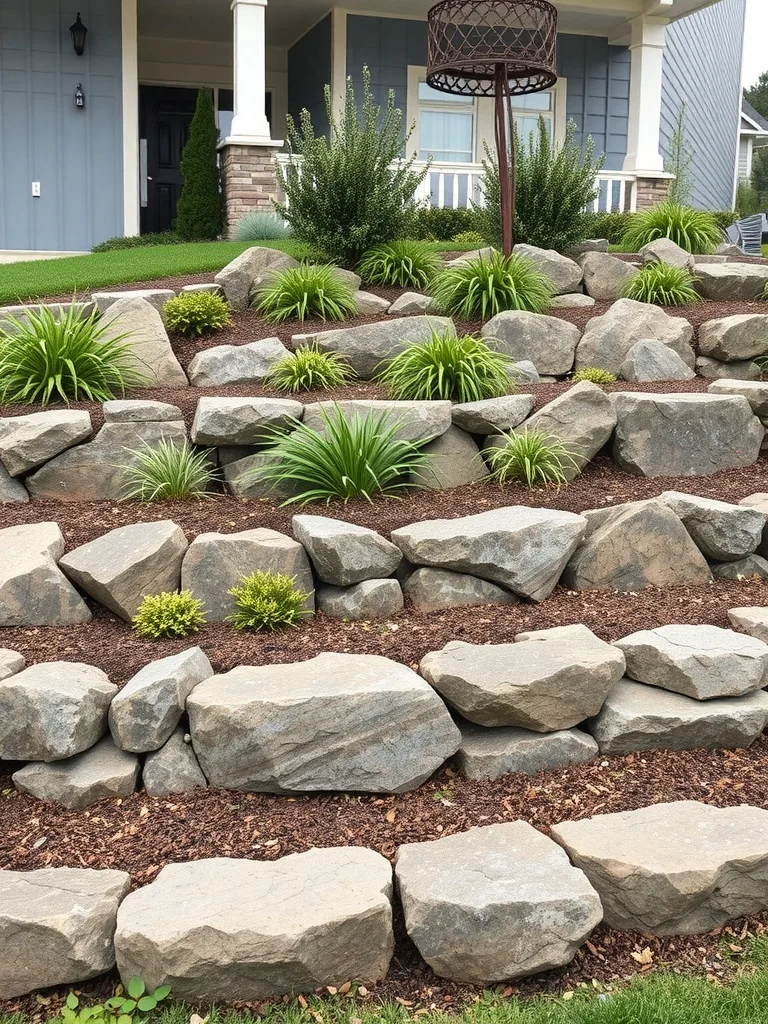 Image of a terraced rock bed landscape featuring layered stones and vibrant green plants.