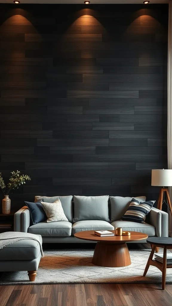 Living room with a textured black accent wall made of wood panels.