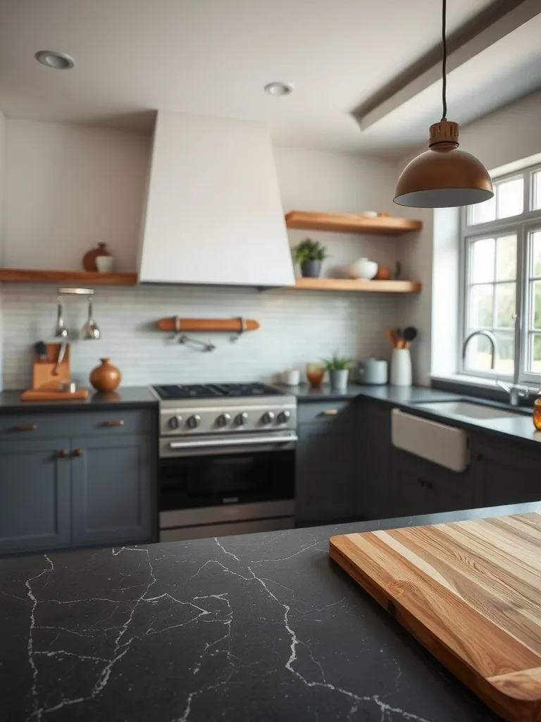 A moody kitchen featuring textured dark stone countertops and warm wood accents.