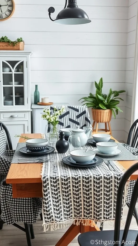 A black and white kitchen featuring a beautifully set table with textured linens and a stylish decor.