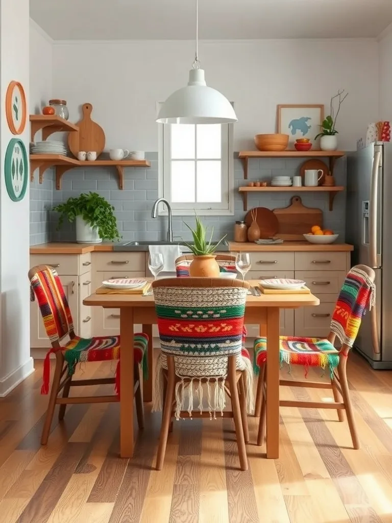 A modern boho kitchen featuring colorful woven chair covers, wooden table, and green plants.