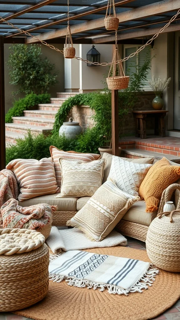 A cozy outdoor patio setup featuring various textured throws and pillows on a sofa, with a braided rug and woven poufs.