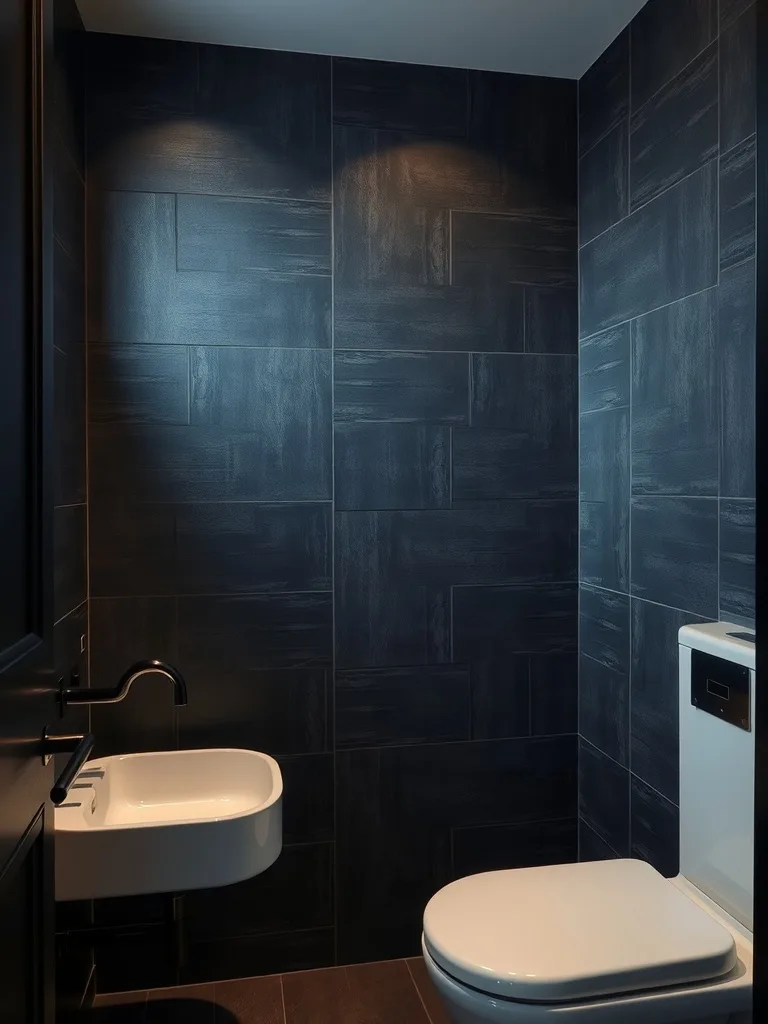 A dark and moody bathroom featuring textured wall panels, a white basin, and a modern toilet.