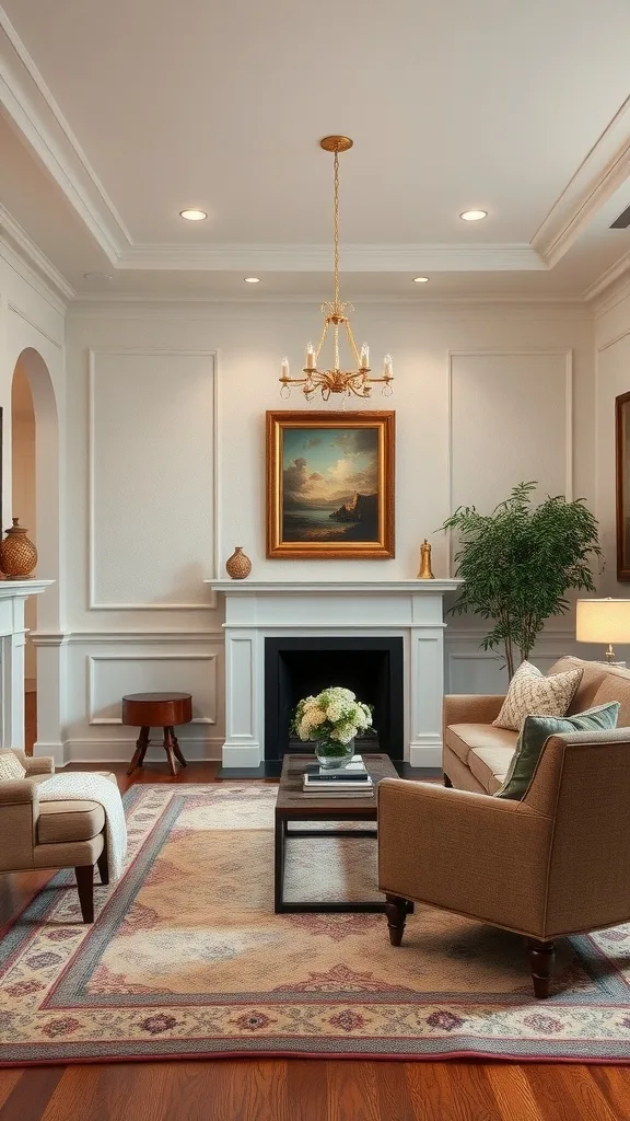 A colonial living room featuring textured walls, elegant furniture, and classic decor.