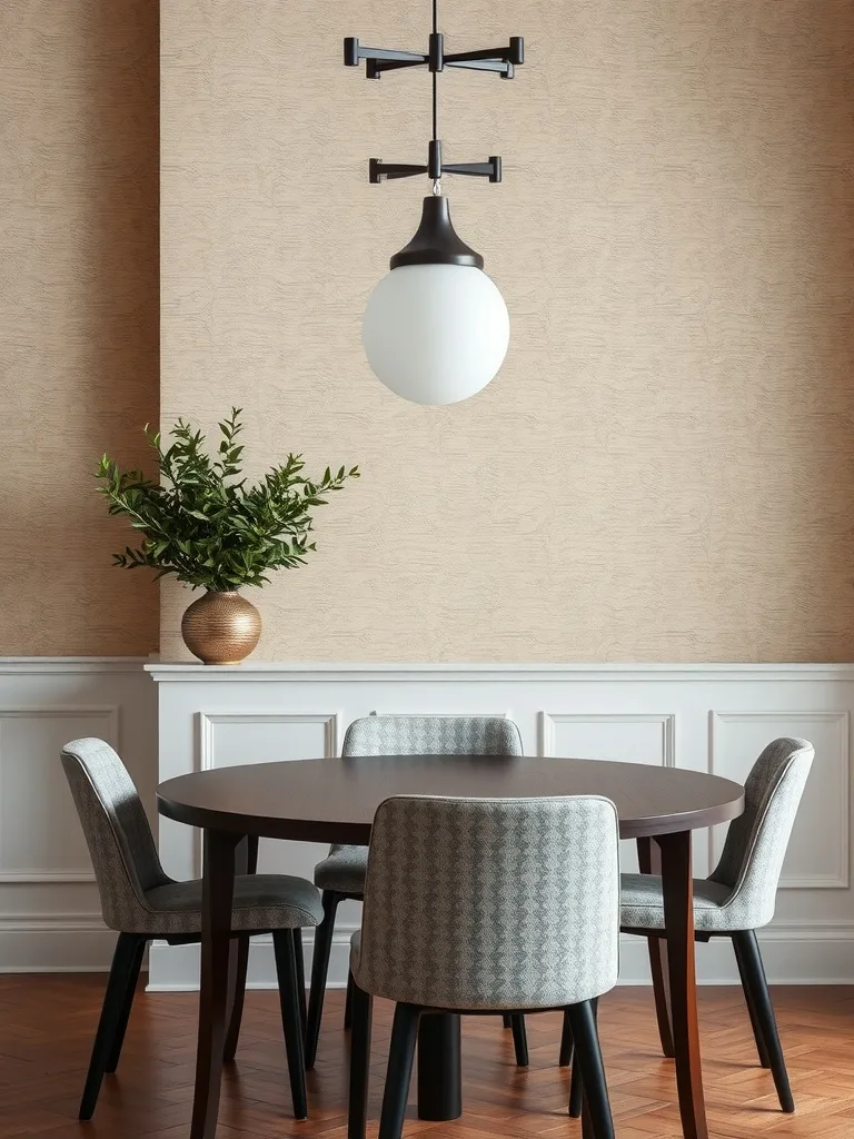 Dining area with textured wallpaper above a chair rail, featuring a round table and stylish chairs.