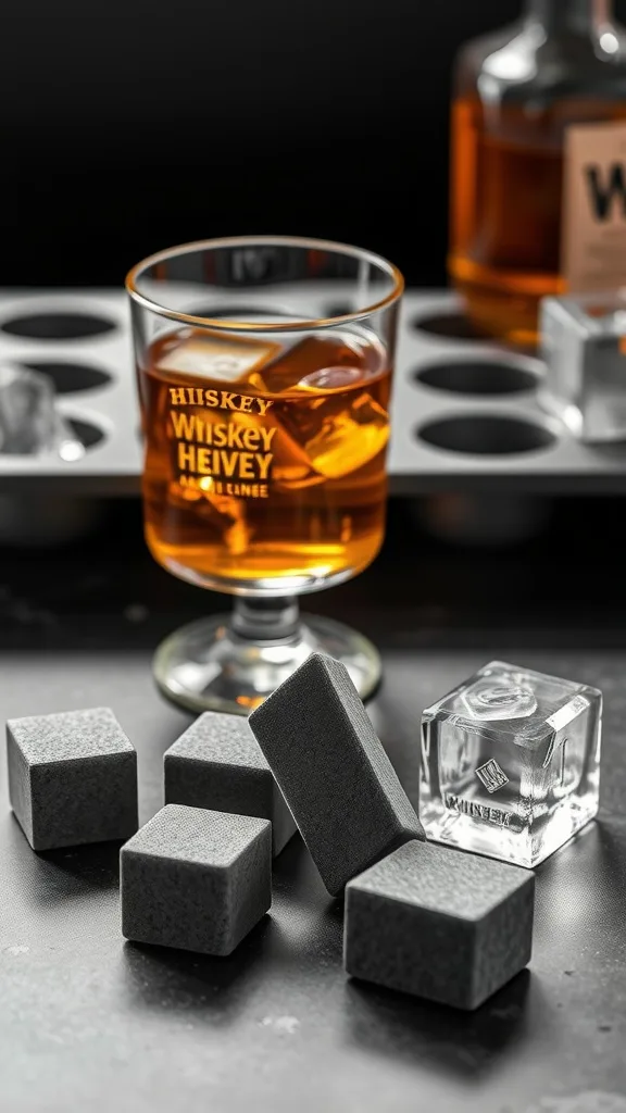 Whiskey glass with chilled whiskey and whiskey stones on a dark background.