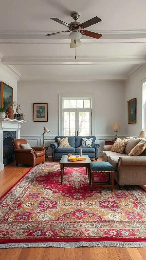 A cozy colonial living room featuring a rich, patterned area rug, comfortable sofas, and a coffee table.