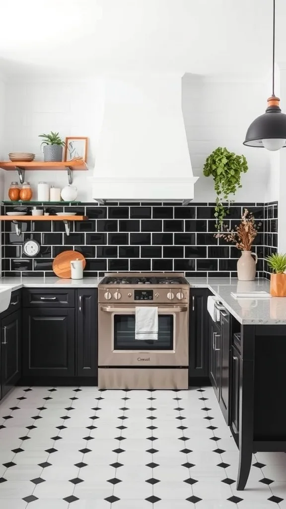 A modern black and white kitchen featuring subway tiles, a sleek oven, and stylish decor.