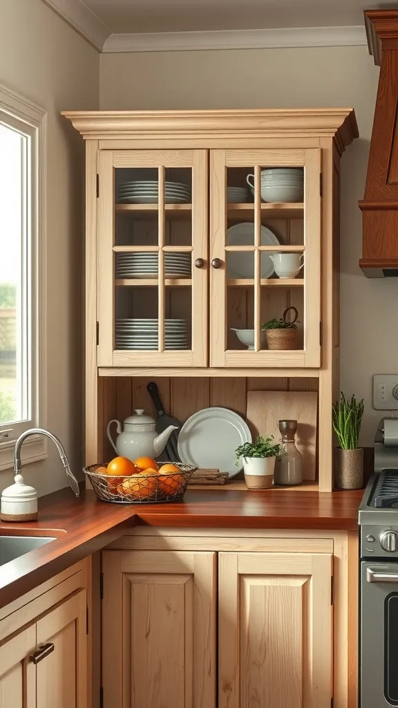 A traditional farmhouse corner cabinet made of natural wood, showcasing plates and decorative items.