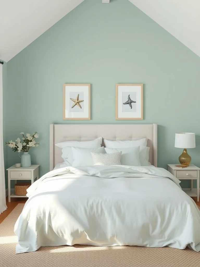 A serene bedroom featuring seafoam green walls, a cozy bed, and soft decor.