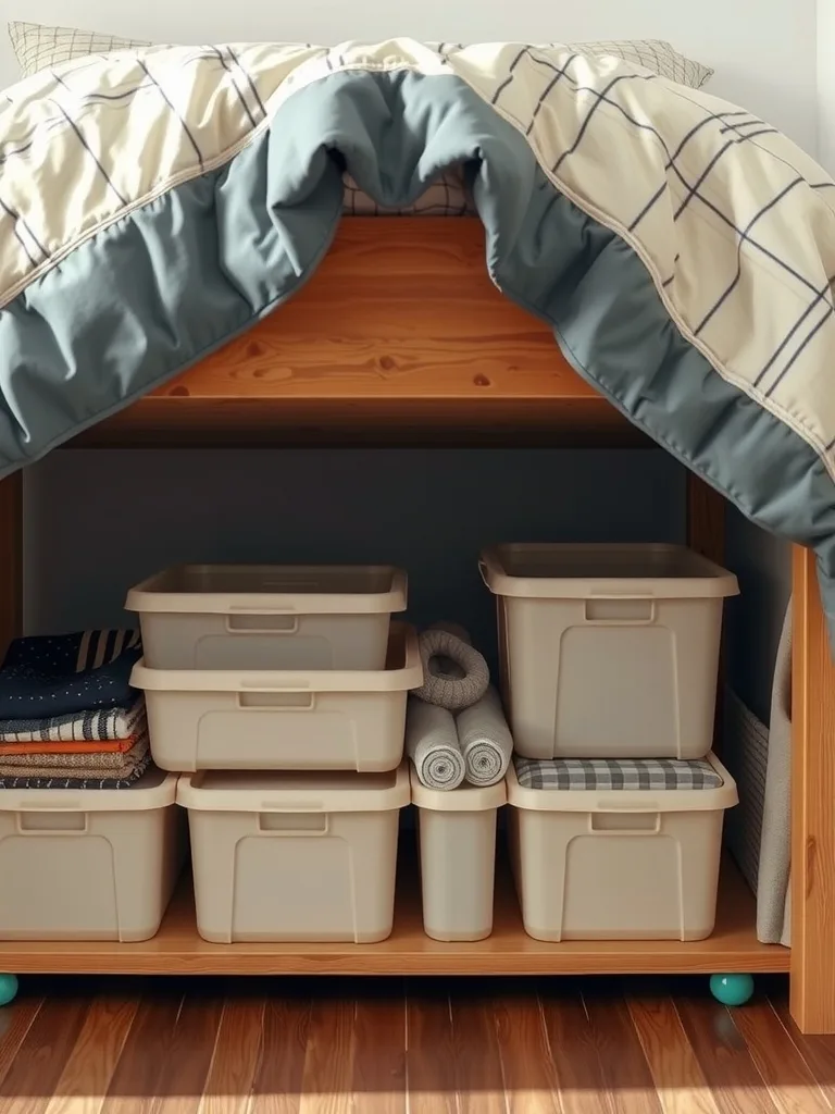 Image showing organized under-bed storage with bins containing blankets and towels.