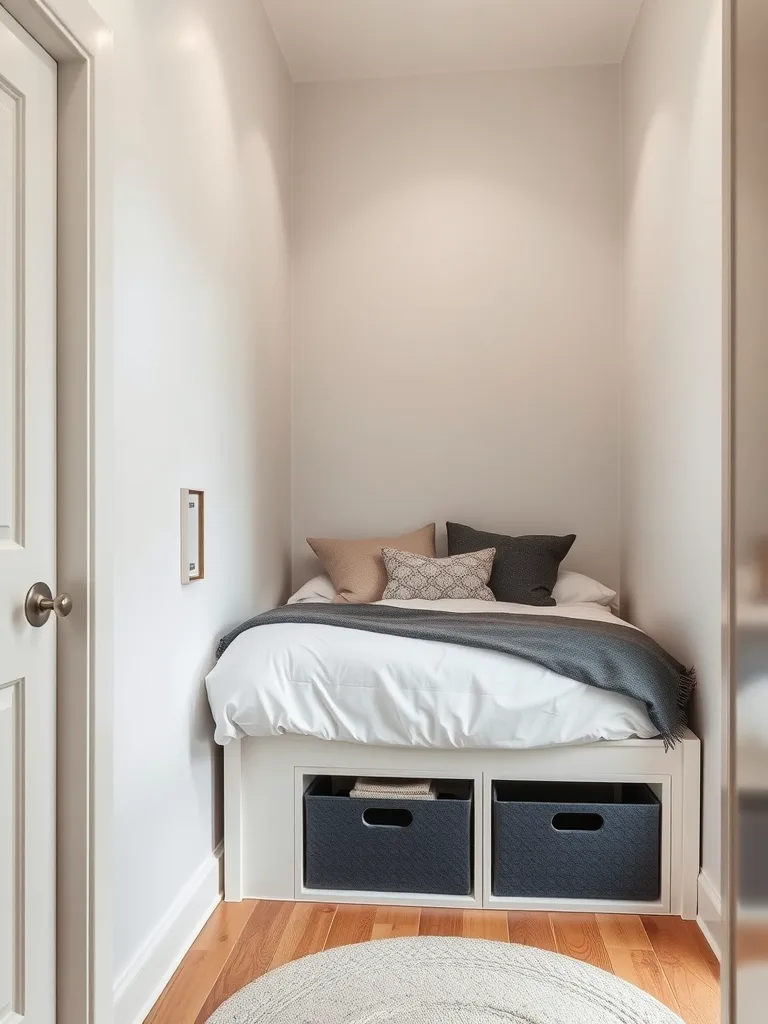 A narrow bedroom with an elevated bed and organized under-bed storage boxes.