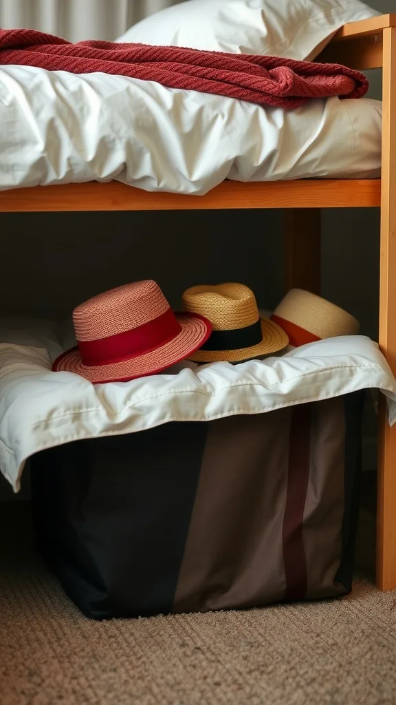 Colorful hats stored in a bin under a bed, with a cozy blanket on top.