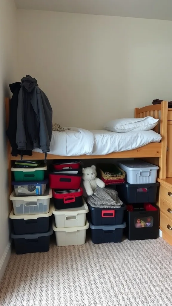 A tidy under-bed storage area with various bins organized neatly.