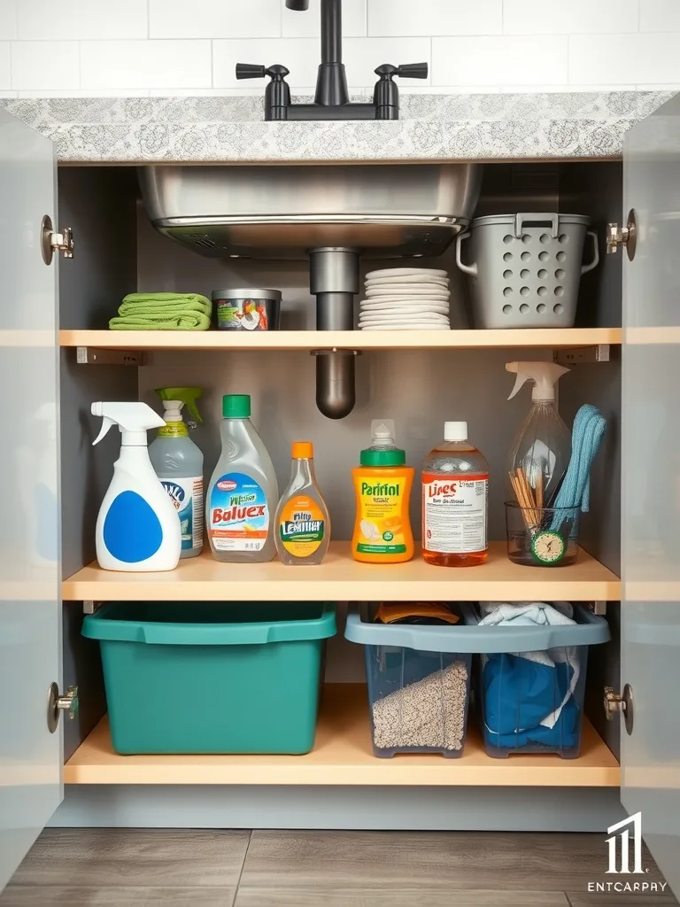 Organized under-sink storage featuring cleaning supplies and bins.