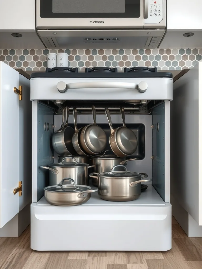 A neatly organized under-stove storage space showcasing various stainless steel pots and pans.