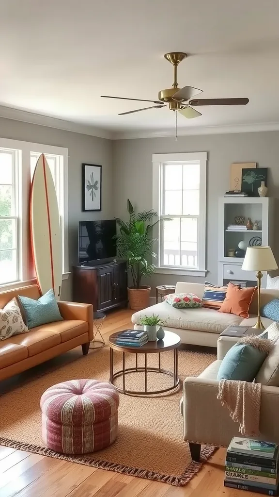 A living room featuring a vintage bike, surfboard, and colorful decor elements.