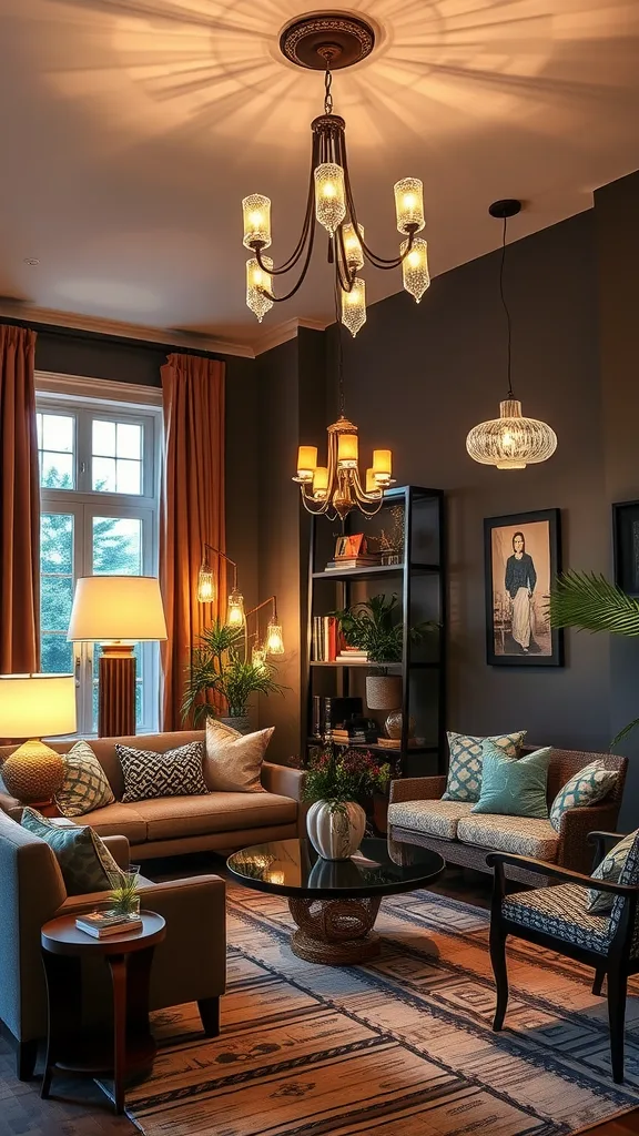 An eclectic living room featuring unique lighting fixtures including a chandelier and pendant lights.