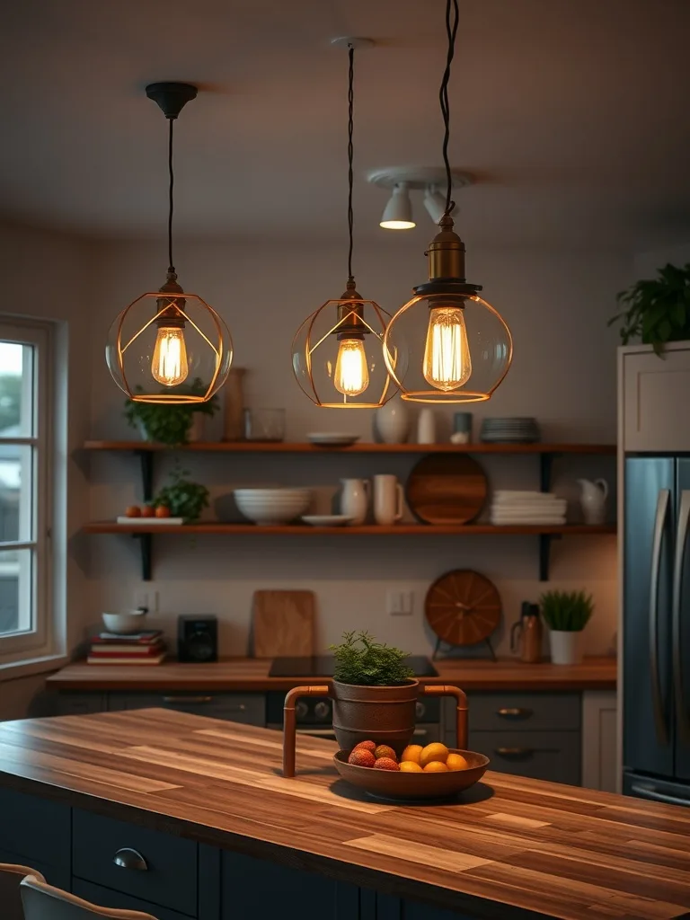 Three unique pendant lights hanging in a modern boho kitchen with wooden countertops and open shelving.