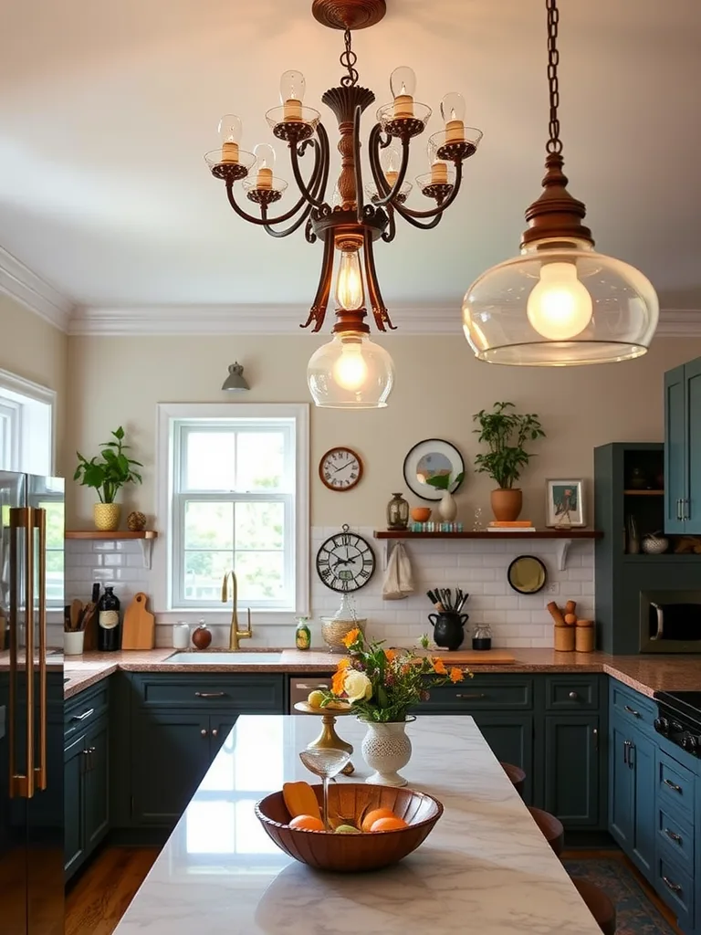 An eclectic kitchen with various unique lighting fixtures hanging from the ceiling, showcasing a blend of styles and designs.