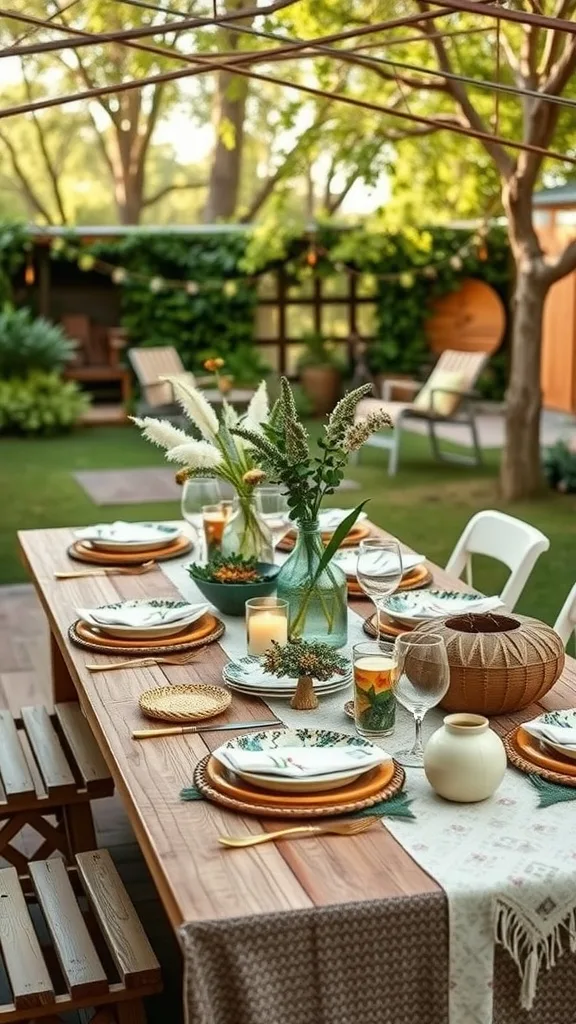 A beautifully set outdoor dining table with decorative plates, glasses, and natural elements.