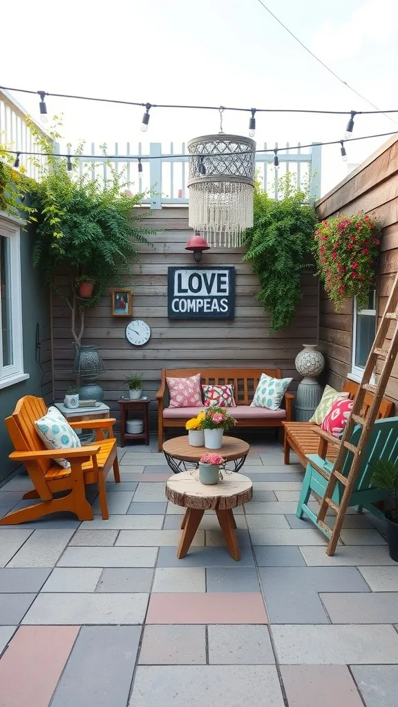 An outdoor patio featuring upcycled furniture with colorful chairs, benches, and plants.