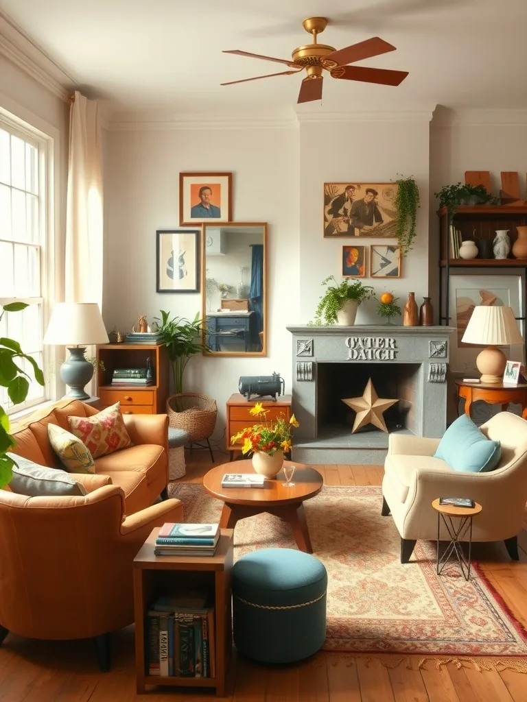 Cozy living room with vintage furniture and decor, featuring a mix of colors and textures.