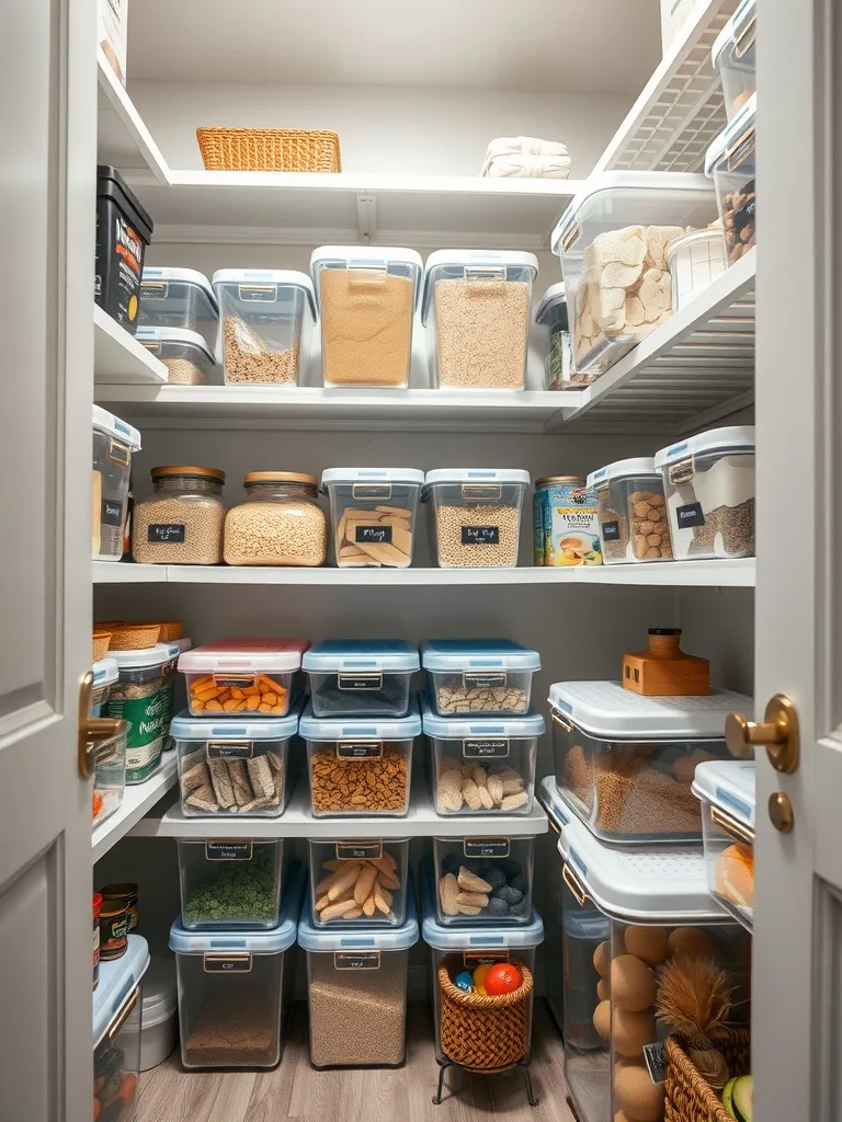 A well-organized pantry with clear containers filled with various food items, all neatly labeled.