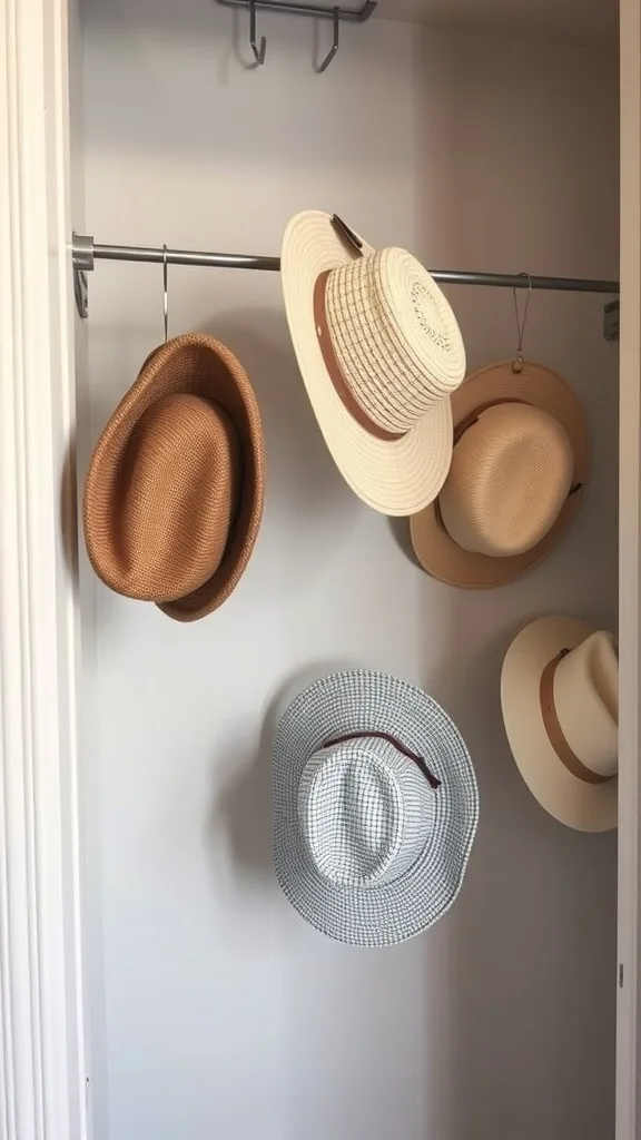 Hats hanging on a tension rod in a closet