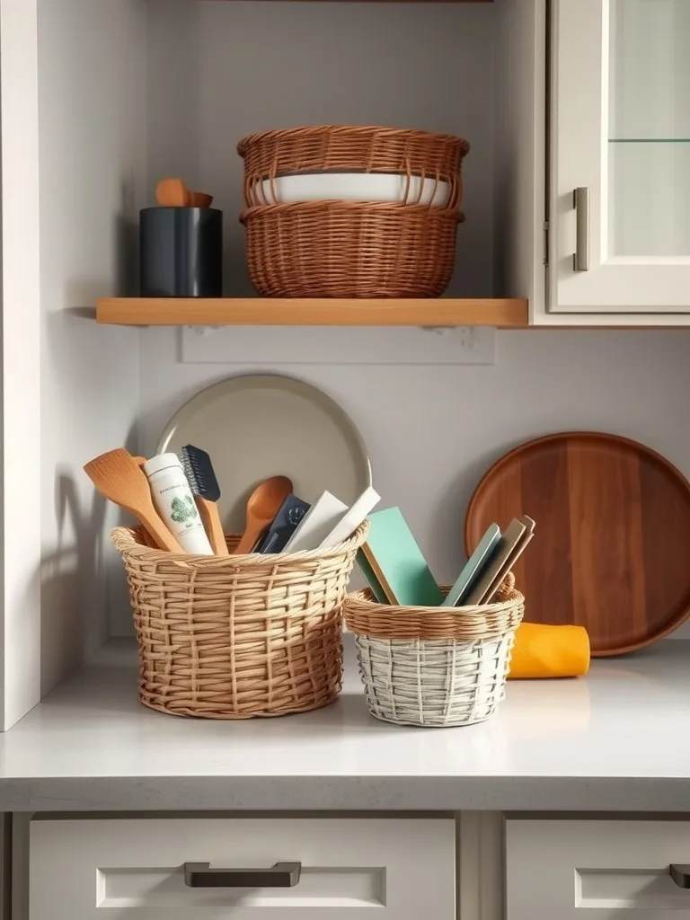 A collection of woven baskets in a kitchen setting, one larger and one smaller, both filled with kitchen utensils and supplies.