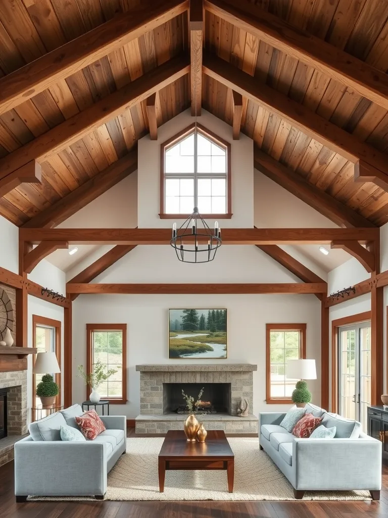 A high ceiling living room featuring wooden ceiling beams and a cozy seating area.