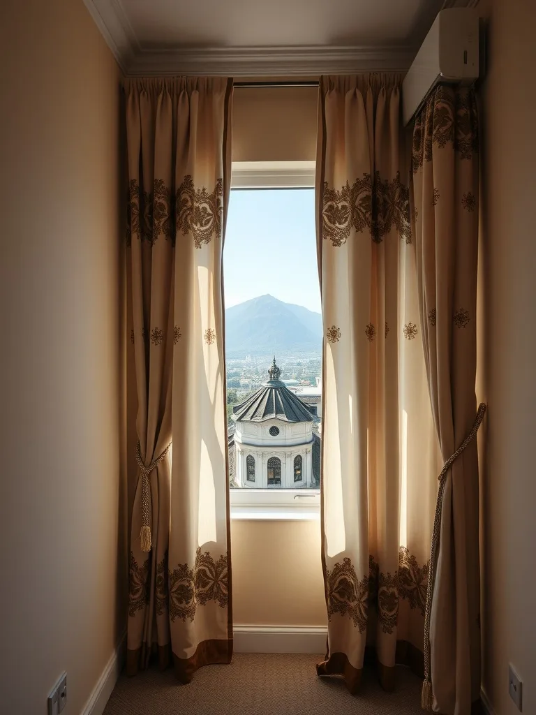 Elegant curtains framing a mountain view in a narrow bedroom.