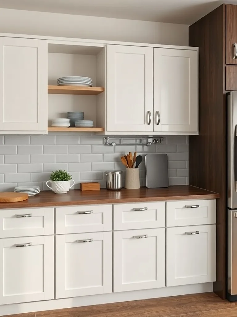 A small kitchen with white cabinetry, faux drawers, and open shelving, showcasing a modern storage solution.