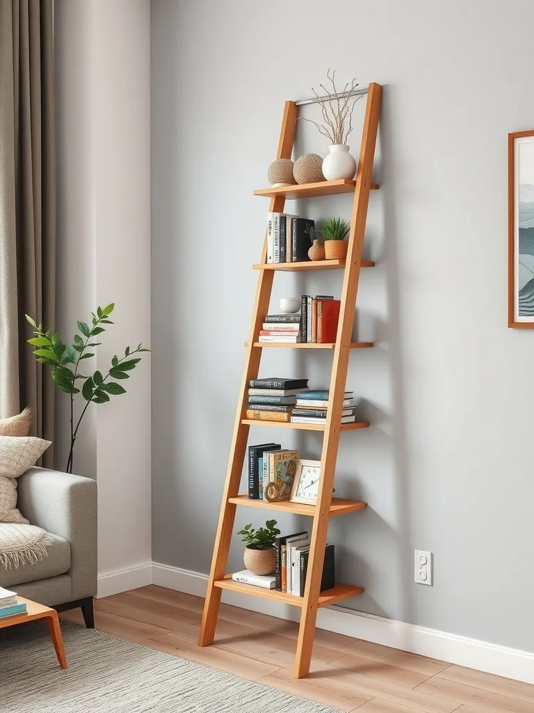 Stylish wooden ladder shelf with books and decor against a wall in a cozy living room