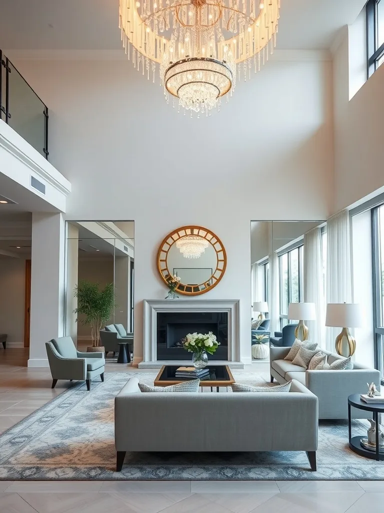 Stylish living room with high ceilings, a chandelier, and large mirrors reflecting light.