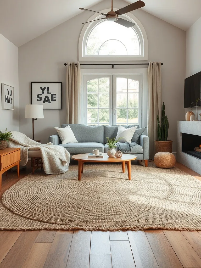 A cozy living room featuring a natural jute rug, a light blue sofa, and a round wooden coffee table.