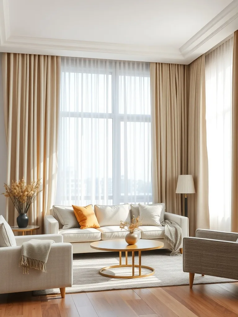 A neutral living room featuring beige curtains, light-colored furniture, and a stylish coffee table.