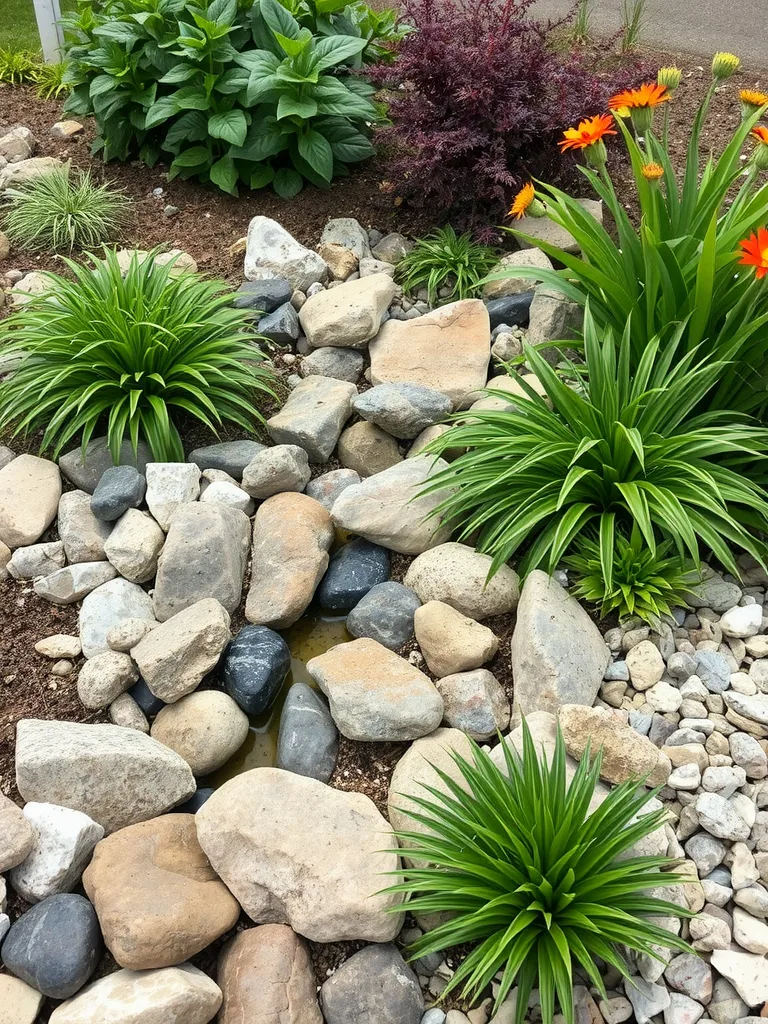 A landscape featuring river rocks among plants, illustrating a drainage solution.