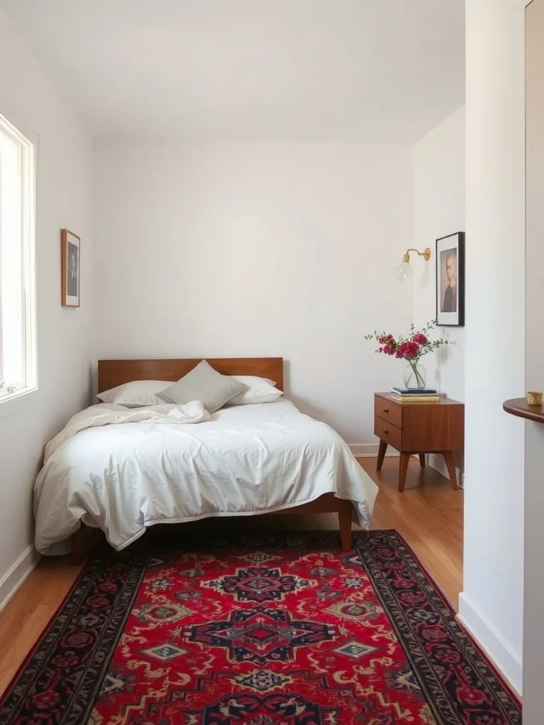 A narrow bedroom featuring a bed on a decorative rug, accompanied by minimalistic furniture.