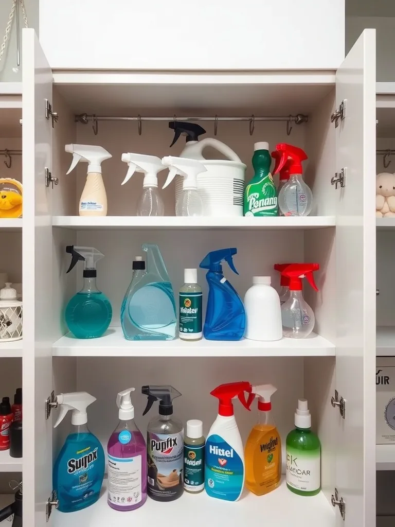 Organized cleaning supplies in a cabinet with tension rods holding spray bottles