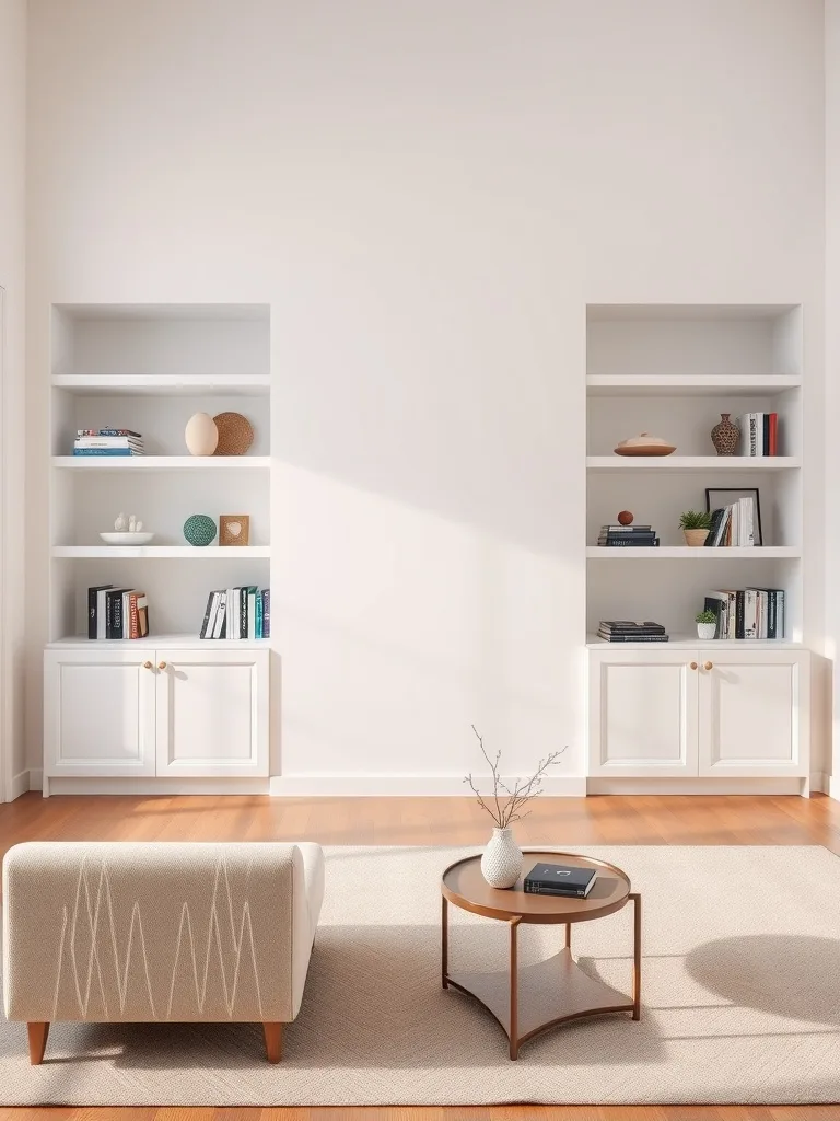 A bright and airy living room with built-in white shelving, a light wood floor, and a cozy couch.