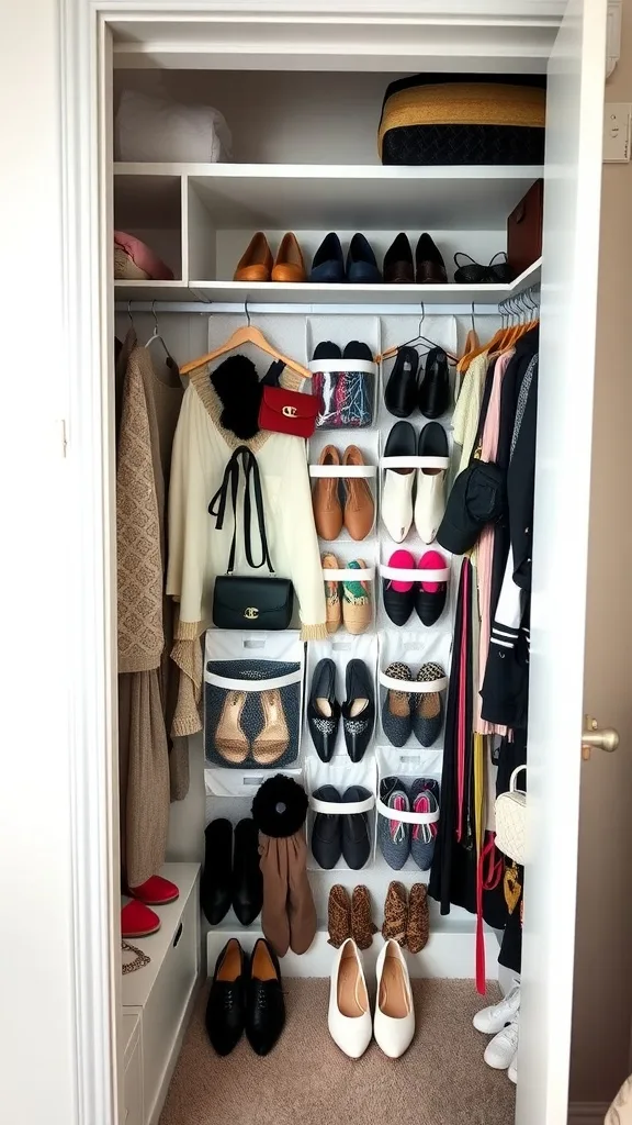 Organized closet showing various shoes, bags, and clothing neatly stored on shelves and over-the-door organizers.